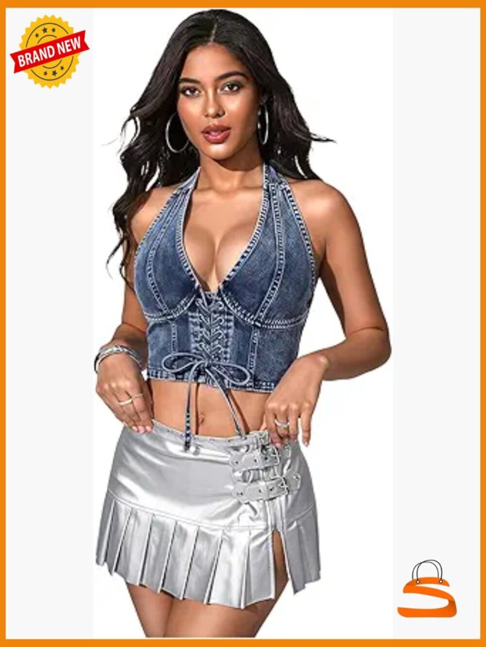 Denim Corset Halter Crop Top Lace Up Backless Y2K Festival
